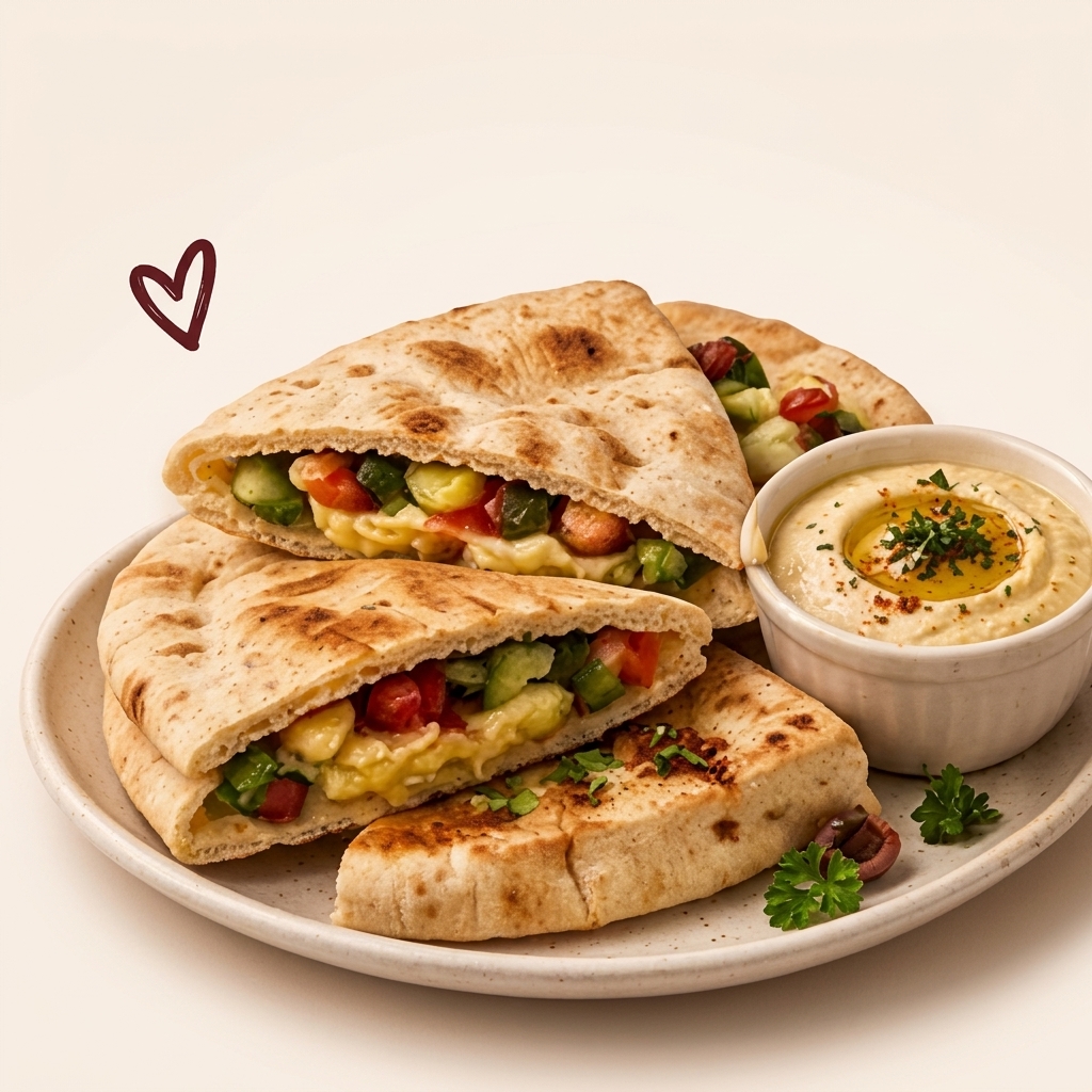 Warm pita and hummus with fresh toppings